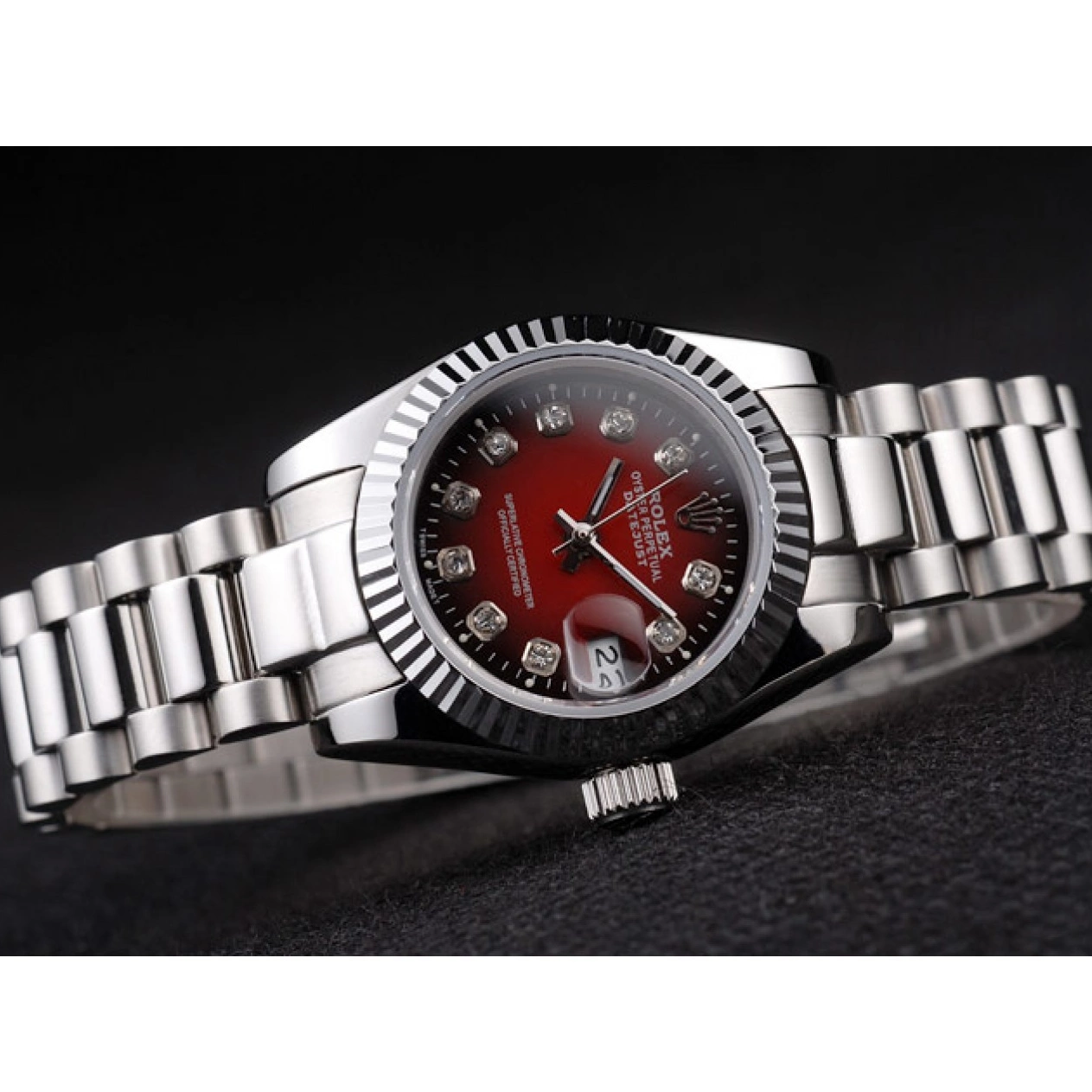 Aaa replica watch Rolex Polished Stainless Steel Red Dial Two Datejust Tone 0721